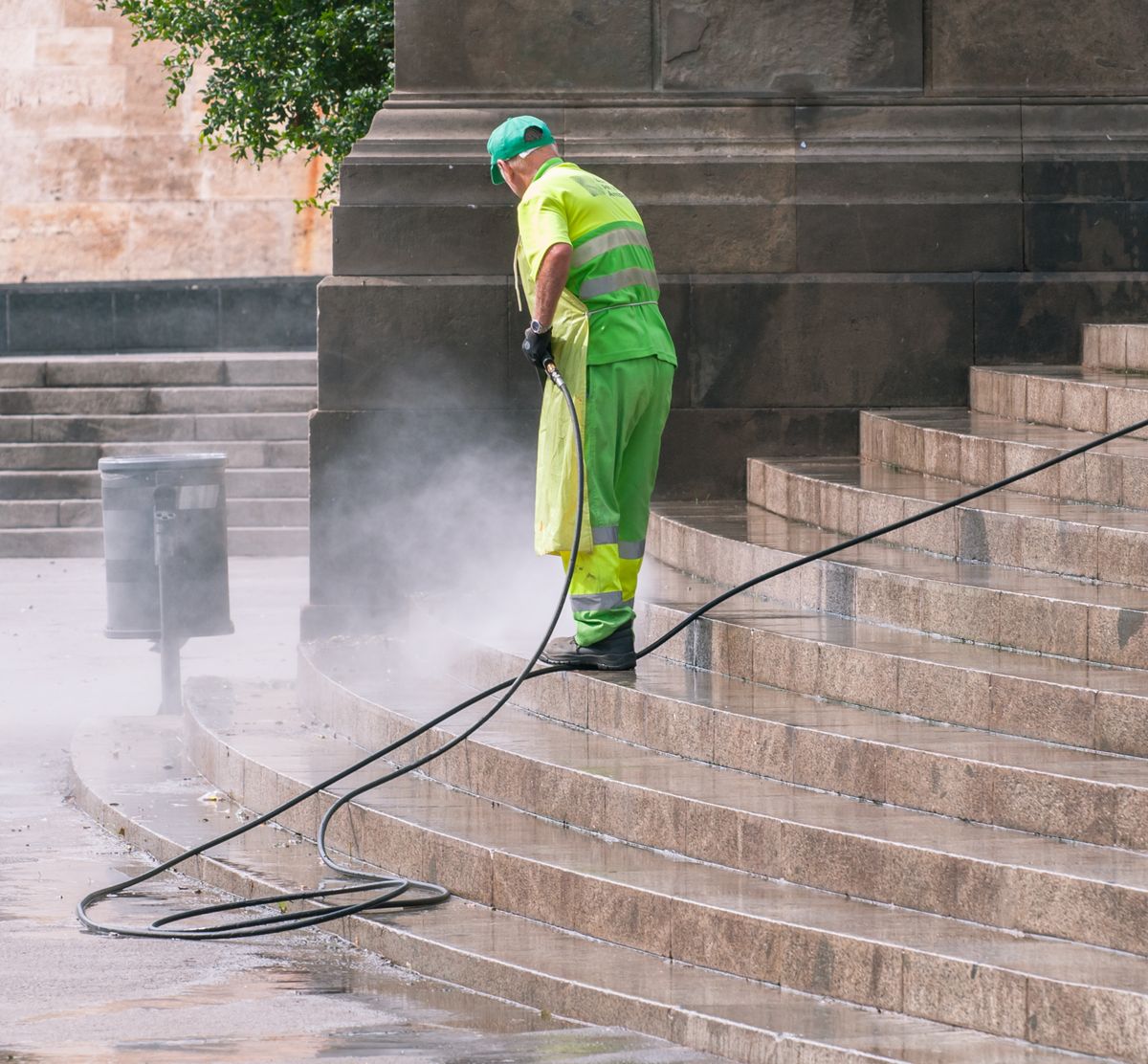 Professional pressure washing stone steps and concrete